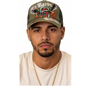 Ed Hardy Rhinestone Dragon Tattoo Olive Green Baseball Cap - One Size Fits All